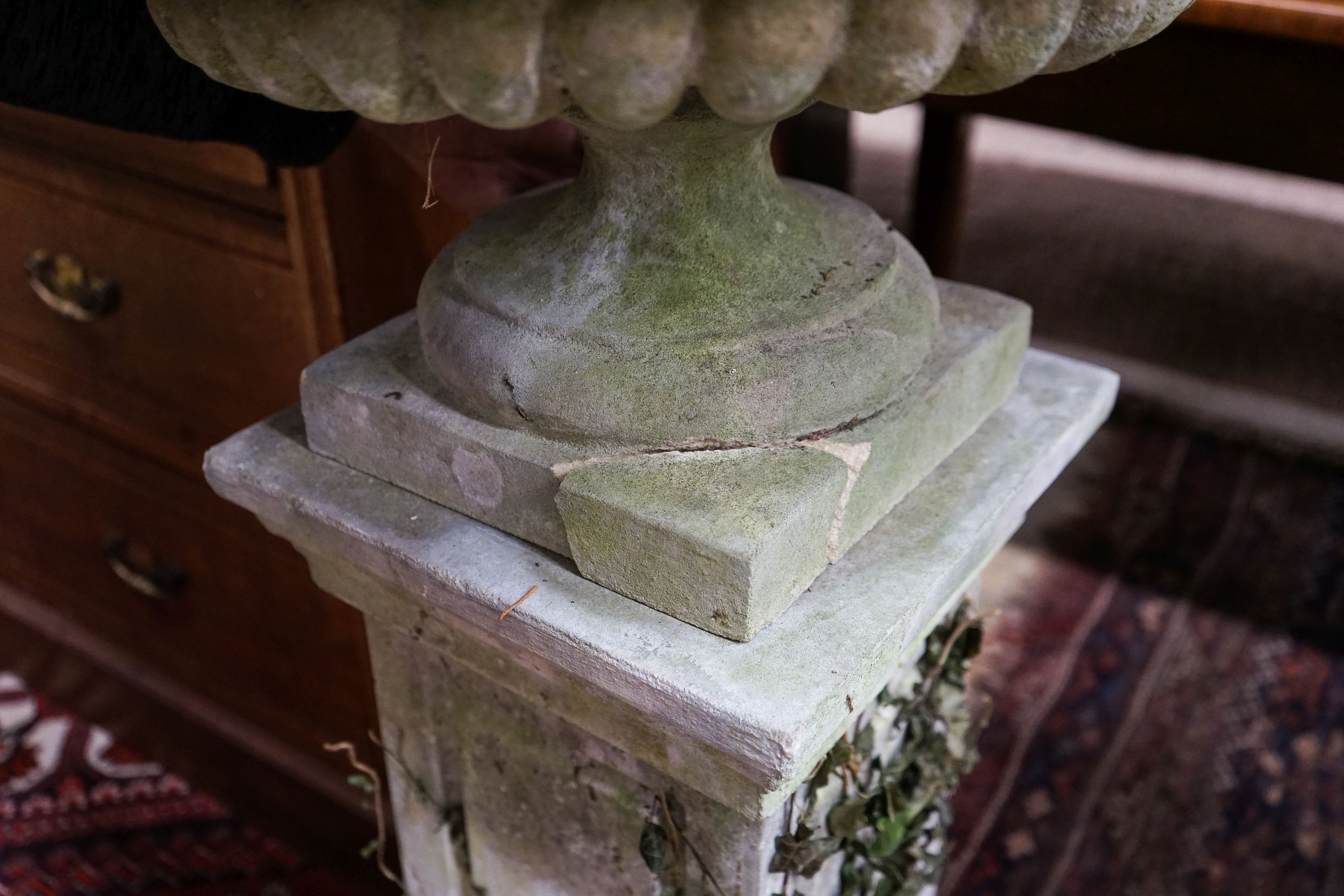 A reconstituted stone garden bird bath / sundial on square pedestal, height 110cm (a.f.)